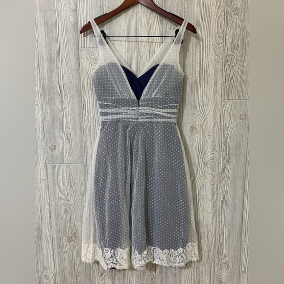 Polka Dot Tulle Lace Navy Blue Lined Dress Jim Hjelm Occasions Size 10 - Picture 6 of 12